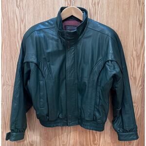 Vintage Saxony Leather Jacket Bomber Dark Green Rare 1990s Men's L